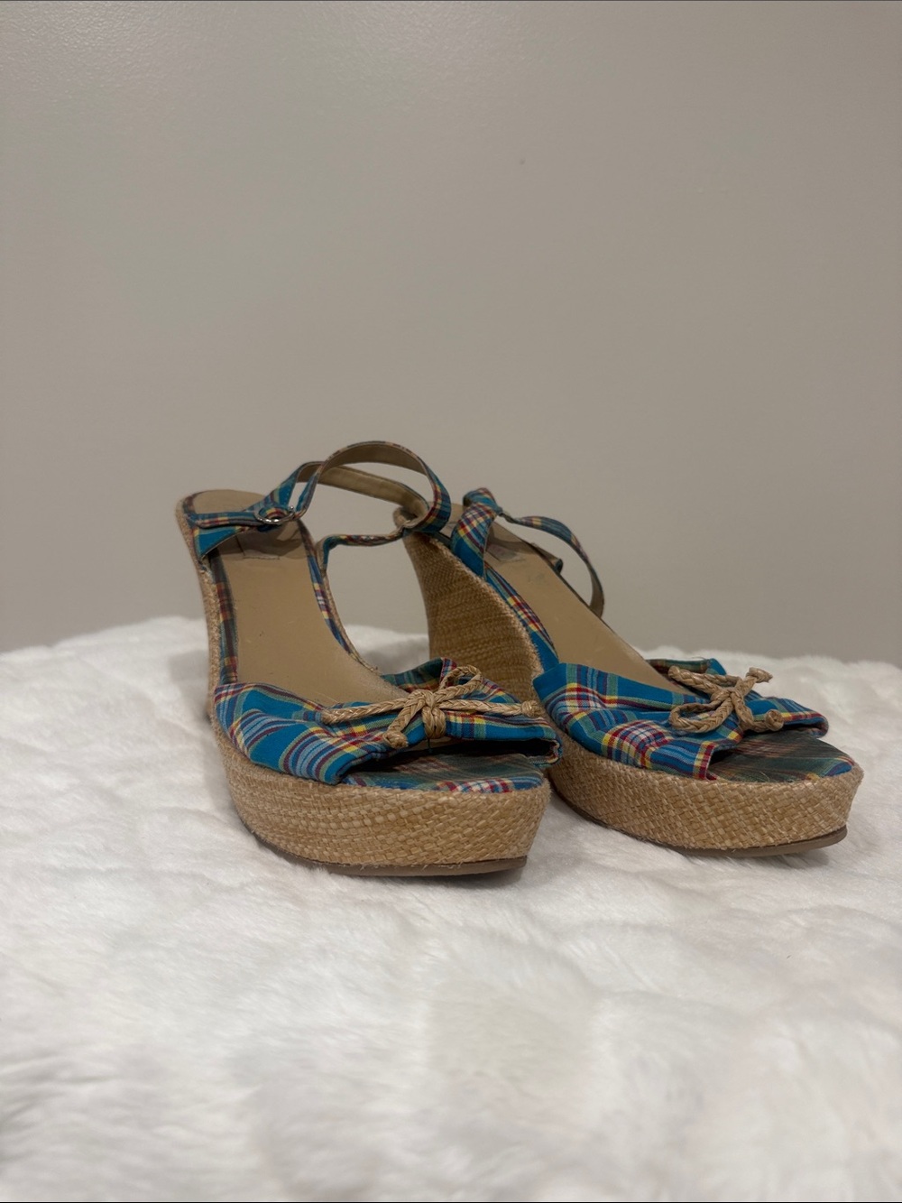 Women’s Blue Plaid Espadrille Wedge Sandals